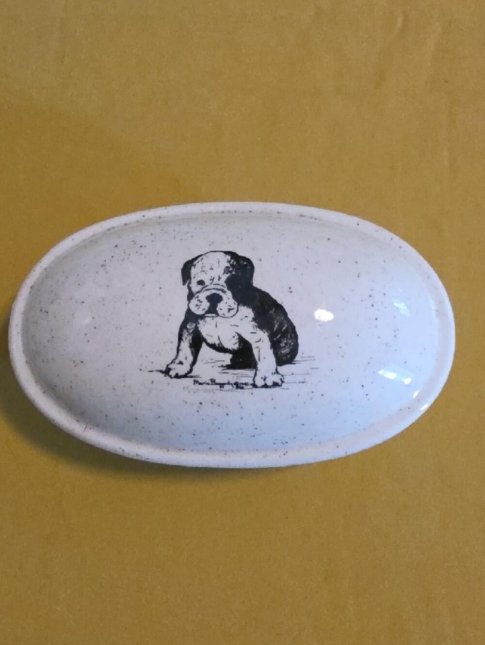 Vintage Speckled Ceramic Trinket Dish with Bulldog Illustration - 1981
